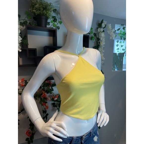 Halter Ribbed Stretch Yellow Cropped Top Size M refFNB - Picture 6 of 10